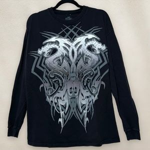 Vintage Y2K Dragon Long Sleeve T-Shirt Grunge Punk Graphic Black Size XL